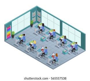 3d garment factory isometric composition with workshop on tailoring in the factory vector illustration