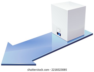 3D gas boiler with the flame of its blue pilot light placed on a blue arrow in progress (cut out)