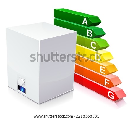 3D gas boiler with the flame of its blue pilot light with the energy classification symbol in the background