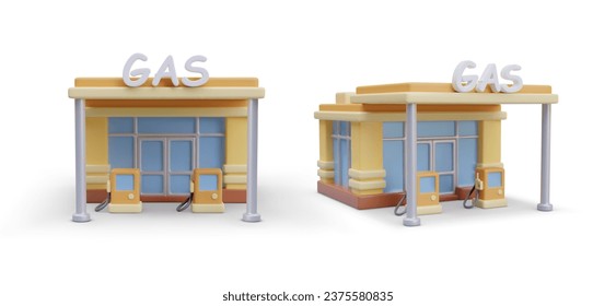 3D gas station building with text sign in English. Retro design. Front and side view. Unmarked windows and doors, mockup. Color illustration for web design