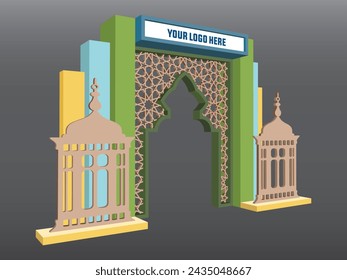 3d gate entrance arabic ramadan ied islamic decoration with blank space logo company for event exhibition. vector editable isolated.