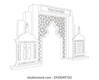 3d gate entrance arabic ramadan ied islamic decoration with blank space logo company for event exhibition. vector editable sketch outline drawing coloring isolated.