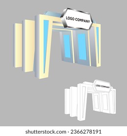 Digital-Technologie-Dekoration mit 3D-Gatter-Eingang, mit Logo-Leer für die Veranstaltung. Vektorbearbeitbare, isolierte Skizze Umrissfarbe.