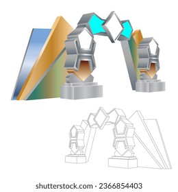 3d entrada de entrada tecnología digital decoración estilo con logotipo de espacio en blanco compañía para exposición de eventos. Coloración de dibujo de esbozo aislado modificable por vectores.