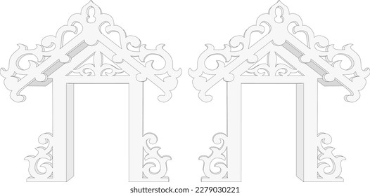 Eintritt zum 3D-Tor mit Doppelzugang mit Blumendekor für Ornamente und Einzelzugang für Seminarausstellungen. Vektorbearbeitbare, isolierte Skizze Umrissfarbe.