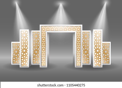 3d gate entrance exhibition islamic ornament style with spotlight. Vector editable.