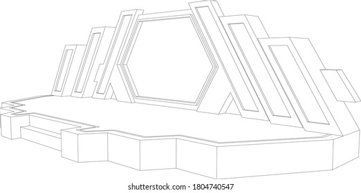 3d gate entrance hi-tech futuristic geometric hexagon style with blank space logo company for event exhibition. Vector editable sketch outline drawing coloring isolated.