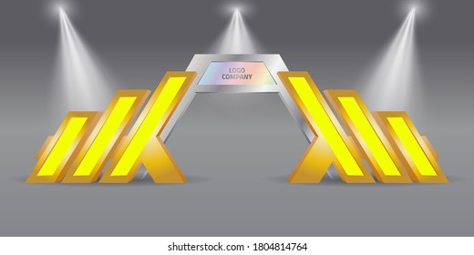 3d gate entrance hi-tech futuristic geometric style with blank space logo company and spotlight for event exhibition. Vector editable isolated.