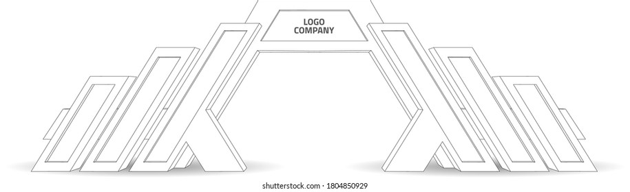 3d gate entrance hi-tech futuristic geometric style with blank space logo company for event exhibition. Vector editable sketch outline drawing coloring isolated.