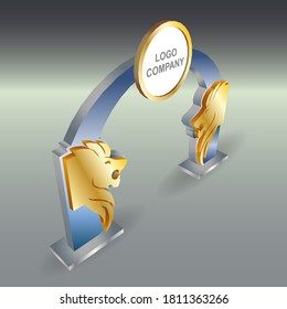 3d gate entrance lion head decoration with blank space logo company for event exhibition. Vector editable isolated.