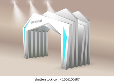 3d gate entrance tunnel hi-tech futuristic geometric style with blank space logo company and spotlight for event exhibition. Vector editable isolated.