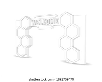 3d gate entrance welcome font geometric digital technology style with blank space logo company for event exhibition. Vector editable sketch outline drawing coloring isolated.