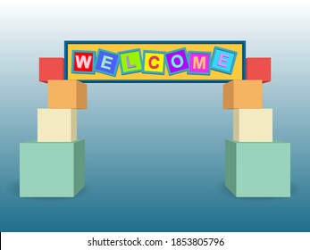 3d gate entrance welcome text box with colorful style decoration for event exhibition. Vector editable isolated.