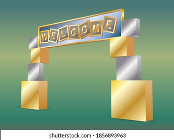 3d gate entrance welcome text box with metal silver color style decoration for event exhibition. Vector editable isolated.