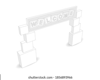 3d gate entrance welcome text box for event exhibition. Vector editable sketch outline drawing coloring isolated.