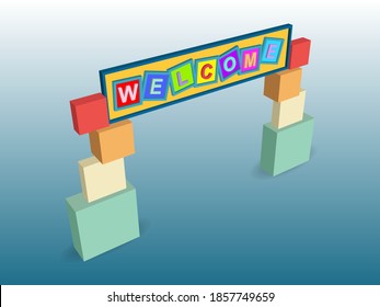 3d gate entrance welcome text box with colorful style decoration for event exhibition. Vector editable isolated.