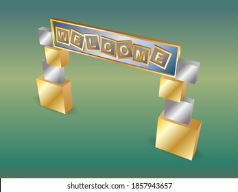 3d gate entrance welcome text box with metal silver color style decoration for event exhibition. Vector editable isolated.