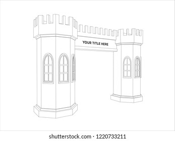 3d gate event exhibition castle style with windows and blank space for title. Vector sketch outline drawing editable.