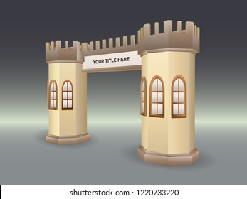 3d gate event exhibition castle style with windows and blank space for title. Vector editable.
