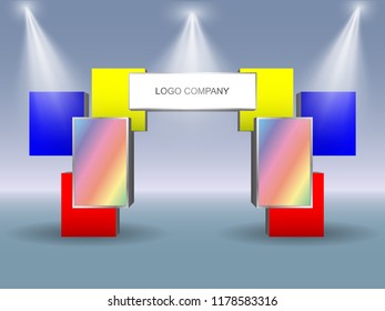 3d gate exhibition box style with space for logo company and spotlight. Vector editable.