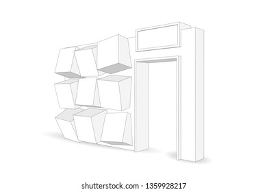 3d gate exhibition box style with blank space for logo company. Vector editable sketch outline coloring drawing isolated.