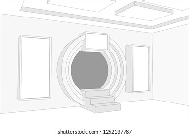 3d gate exhibition circle tunnel with blank space for logo company. Vector sketch outline editable.