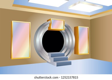 3d gate exhibition circle tunnel perspective view with blank space for logo company. Vector editable.