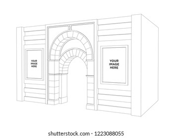 3d gate exhibition islamic style with blank space for image. Vector sketch outline drawing editable.
