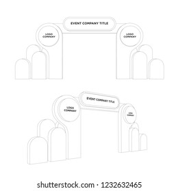 3d gate exhibition with logo company. Vector sketch outline coloring isolated.