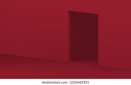 3d gate rectangular door red empty apartment interior minimal design realistic vector illustration. Geometric indoor construction showcase for product performance archway entrance exit architecture