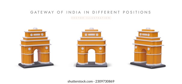 3D Gateway of India from different angles. Architectural landmark in Mumbai. Set of realistic figures on white background. Prime Indian tourist attraction