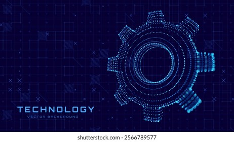 3D Gear Cogwheel Cyber Technology Settings Update Illustration. Blue Wireframe Mesh Design. Technical Security Online Support. Digital Engineering Cybersecurity Vector Illustration.