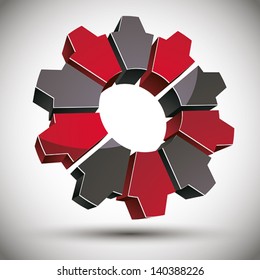 Icono de engranaje 3d con elementos negros y rojos, vector.