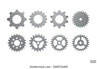 3D Gear icon set.  Transmission cogwheels and gears are isolated on white background. Machine gear, setting symbol, Repair, and optimize workflow concept. 3d vector illustration.