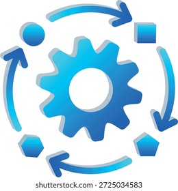 A 3D gear icon surrounded by circular arrows symbolizing adaptation, flexibility, continuous change, adjustment, and dynamic systems.
