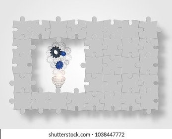 3d gear in lightbulb shape surrounding with jigsaws represent innovation and technology concept. Technology background. Vector illustration.
