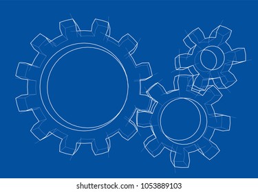 3D gear wheel. Vector rendering of 3d. Wire-frame style. The layers of visible and invisible lines are separated