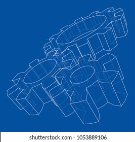 3D gear wheel. Vector rendering of 3d. Wire-frame style. The layers of visible and invisible lines are separated