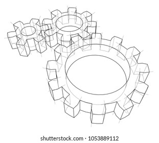 3D gear wheel. Vector rendering of 3d. Wire-frame style. The layers of visible and invisible lines are separated