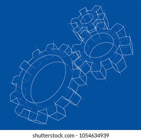 3D gear wheel. Vector rendering of 3d. Wire-frame style. The layers of visible and invisible lines are separated