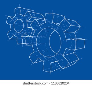 3D gear wheel. Vector rendering of 3d. Wire-frame style. The layers of visible and invisible lines are separated