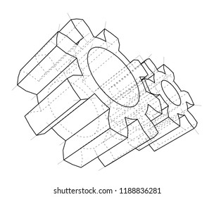 3D gear wheel. Vector rendering of 3d. Wire-frame style. The layers of visible and invisible lines are separated