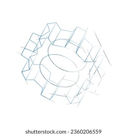 3D gear wheel. Vector rendering of 3d. Wire-frame style. Engineering drawing style