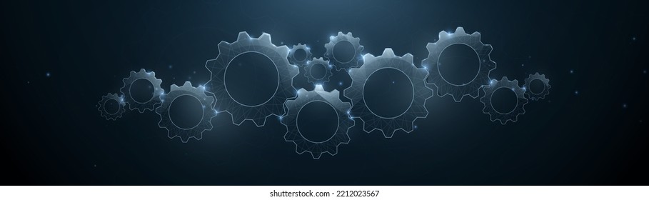 Las ruedas de engranajes 3D están hechas de líneas, triángulos, polígonos bajos y estilo de partícula. Ilustración del vector