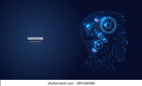 3d gears in head digital low poly wireframe. Engineering, mechanical technology or symbol of thinking, idea concept in dark blue. Abstract mesh illustration with lines and dots looks like starry sky