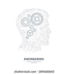 3D-Zahnräder in der Kopf-Digital Low-Poly-Handzeichnung. Ingenieurwesen, Maschinenbau, Denksymbol oder Ideenkonzept einzeln auf Weiß. Abstrakte Vektorgrafik mit Linien und Punkten 
