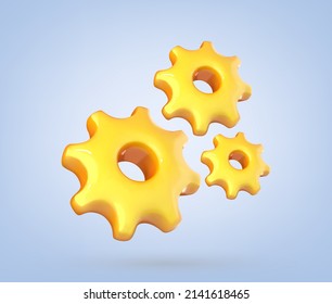 3D gears icon on blue background. Repair, optimizing, workflow concept. Minimal cartoon style. 3d vector illustration