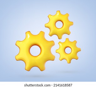 3D gears icon on blue background. Repair, optimizing, workflow concept. Minimal cartoon style. 3d vector illustration