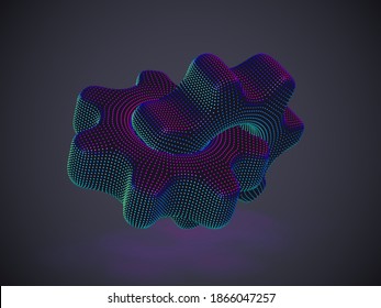3D gears made of neon dots on gray background. Abstract vector illustration (EPS 10) of digital futuristic cogwheels. Concept of business partnership, online support and information technology.