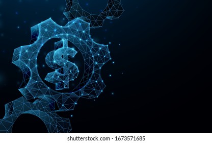 3D of gears with money sign from wireframe form. Technology and engineering. Vector illustration